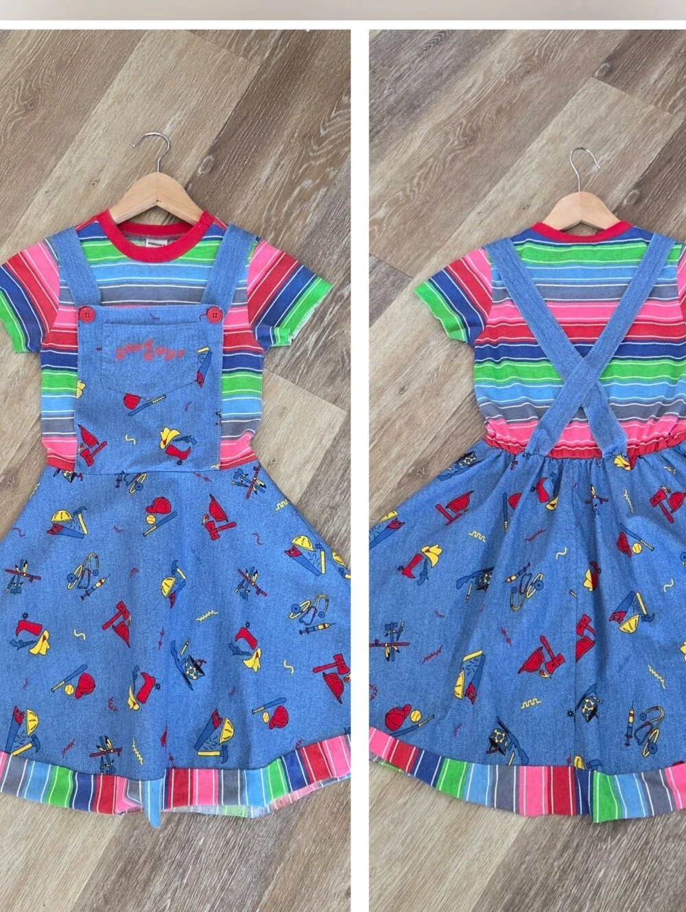 Chucky Good Guys Girls Costume Sz Lg Velcro Suspenders Stripes Cosplay Overalls
